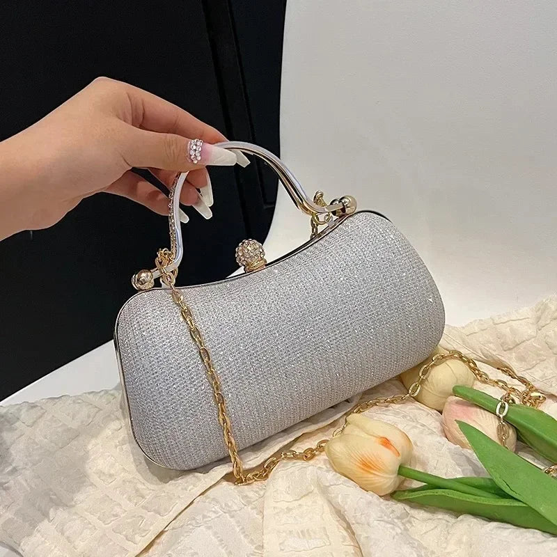 Women Evening Luxury HandBag  Ladies Chain Shoulder Bags Shiny Silver Purse Female Wedding Party Rhinestone Decor Clutches