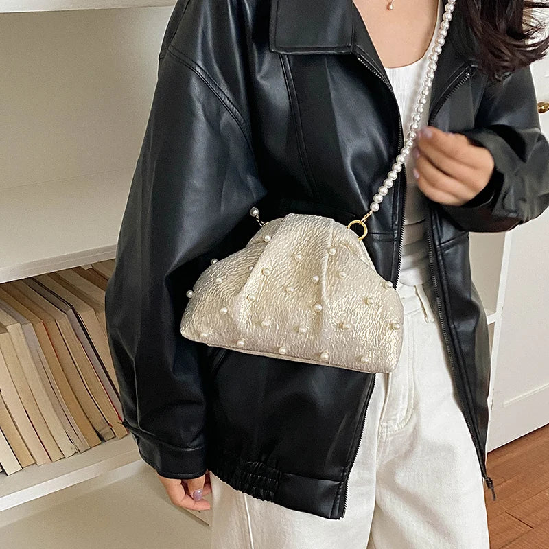 Pink Ruched Pearl Evening Bag