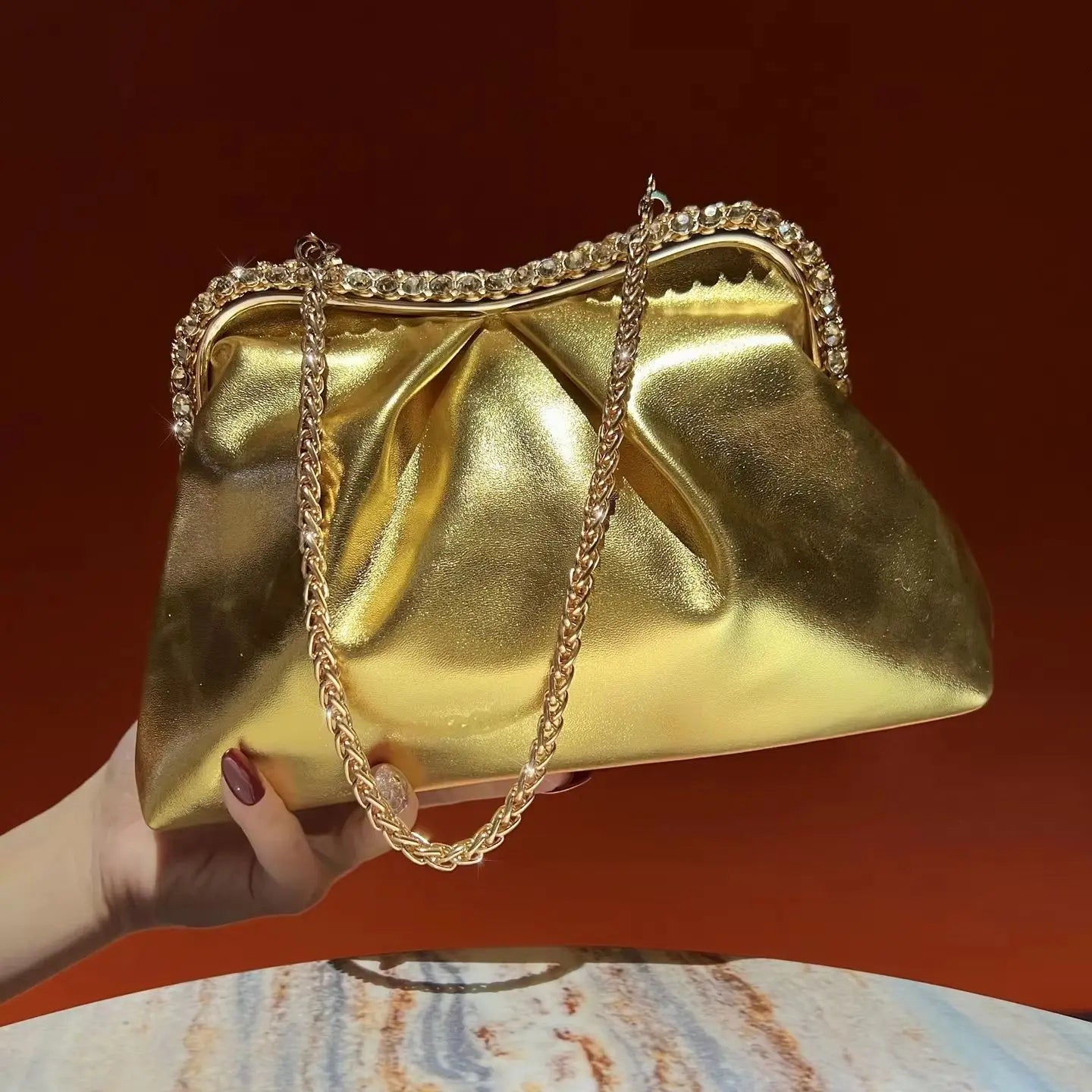 New Stylish Evening Bag for Women, PU Glossy Pleated Clutch, Simple Versatile Crossbody Bag, Rhinestone Decorated Handheld Purse
