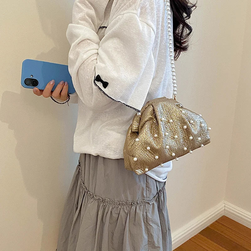 Pink Ruched Pearl Evening Bag