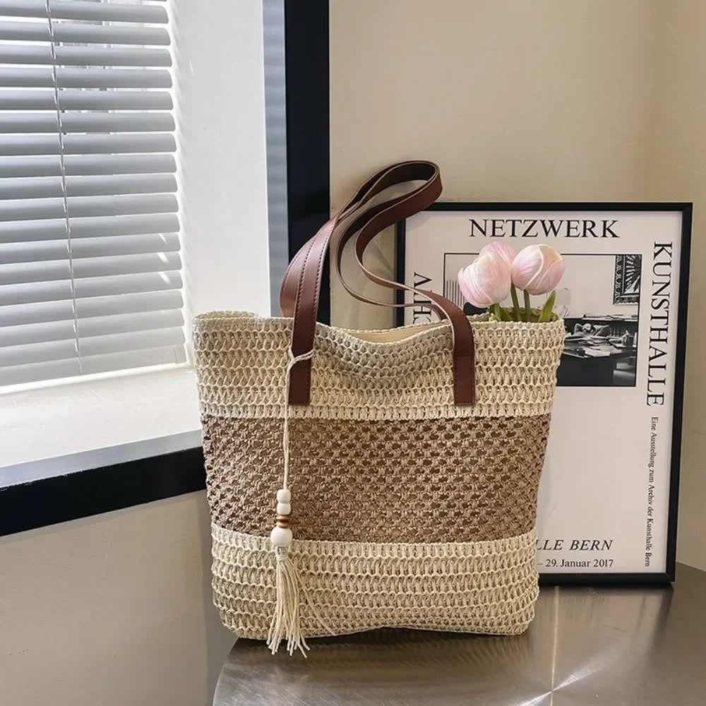 Summer Straw Tote Bag Large Capacity Woven Beach Bag Solid Color Square Casual Shoulder Bag