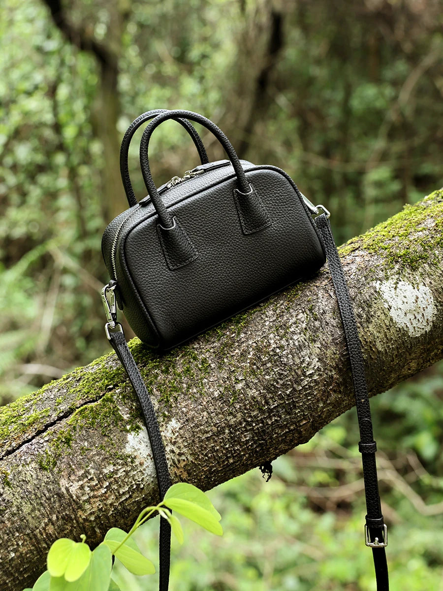 FLORALGenuine Full Grain Leather Bowling Bag, Elegant Handbag Casual Shoulder Crossbody Bag For Women