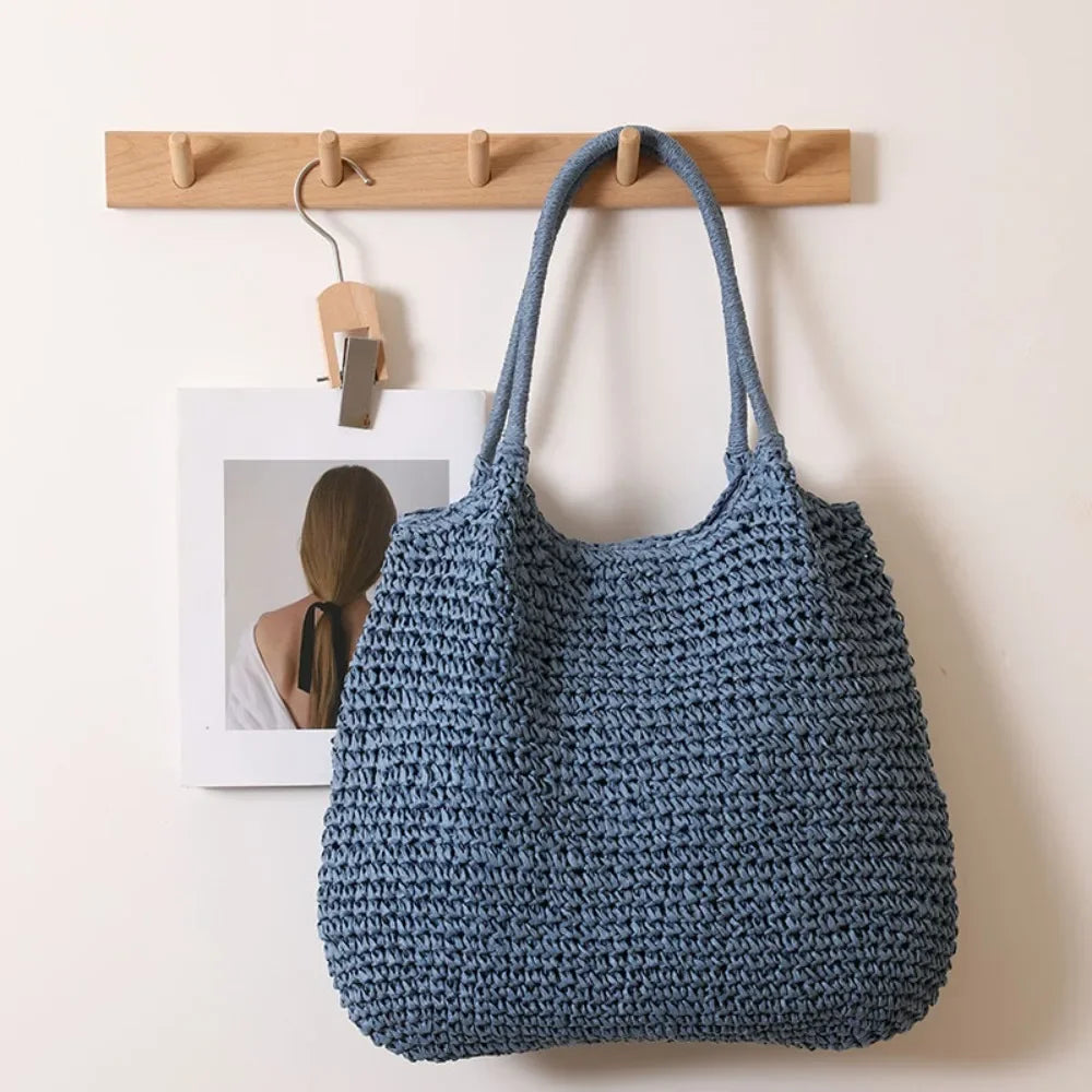 Summer Straw Tote Bag Large Capacity Woven Beach Bag Solid Color Square Casual Shoulder Bag