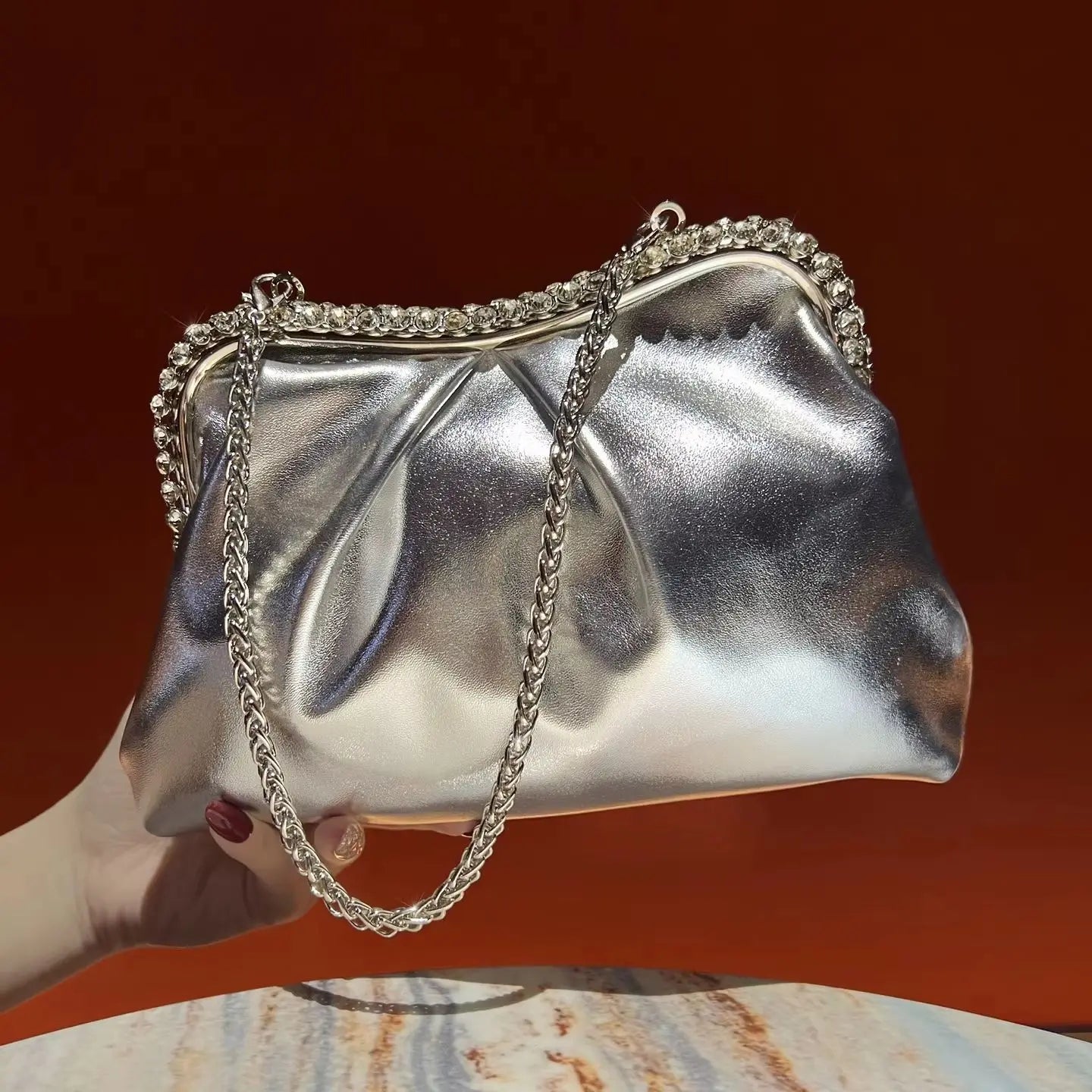New Stylish Evening Bag for Women, PU Glossy Pleated Clutch, Simple Versatile Crossbody Bag, Rhinestone Decorated Handheld Purse