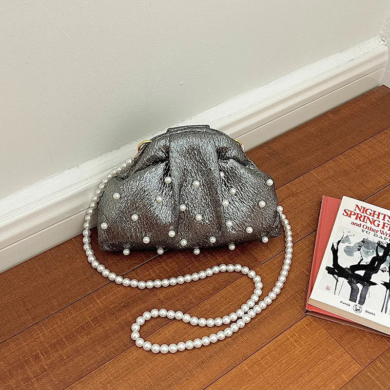 Pink Ruched Pearl Evening Bag