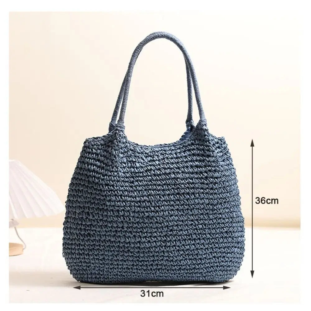 Summer Straw Tote Bag Large Capacity Woven Beach Bag Solid Color Square Casual Shoulder Bag