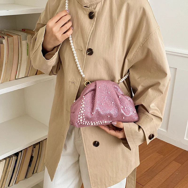 Pink Ruched Pearl Evening Bag