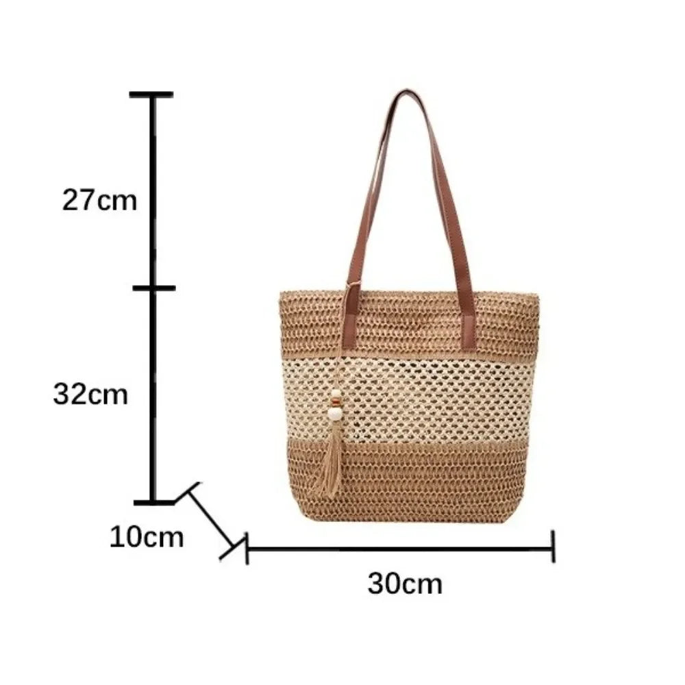 Summer Straw Tote Bag Large Capacity Woven Beach Bag Solid Color Square Casual Shoulder Bag