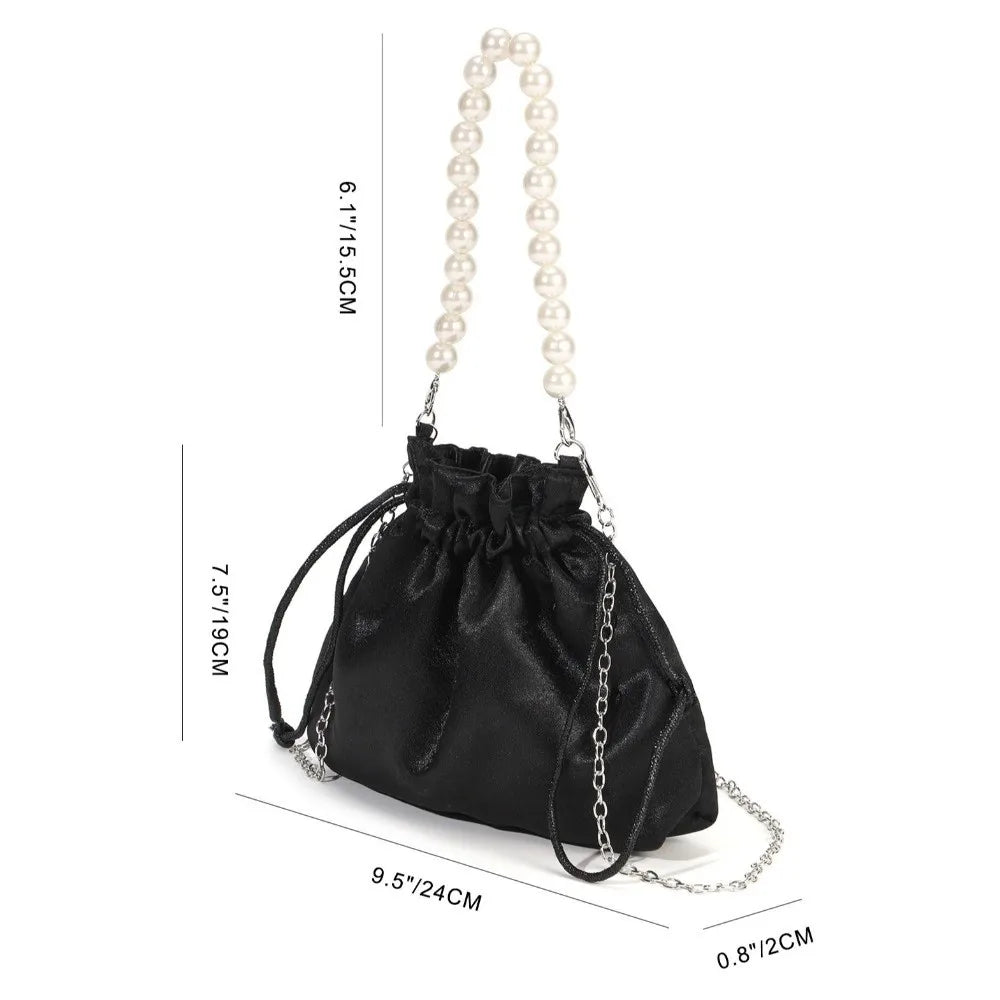 Elegant Satin Drawstring Evening Bag Drawstring Closure Detachable Chain Bucket Bag Lightweight Satin Texture Clutch Purse