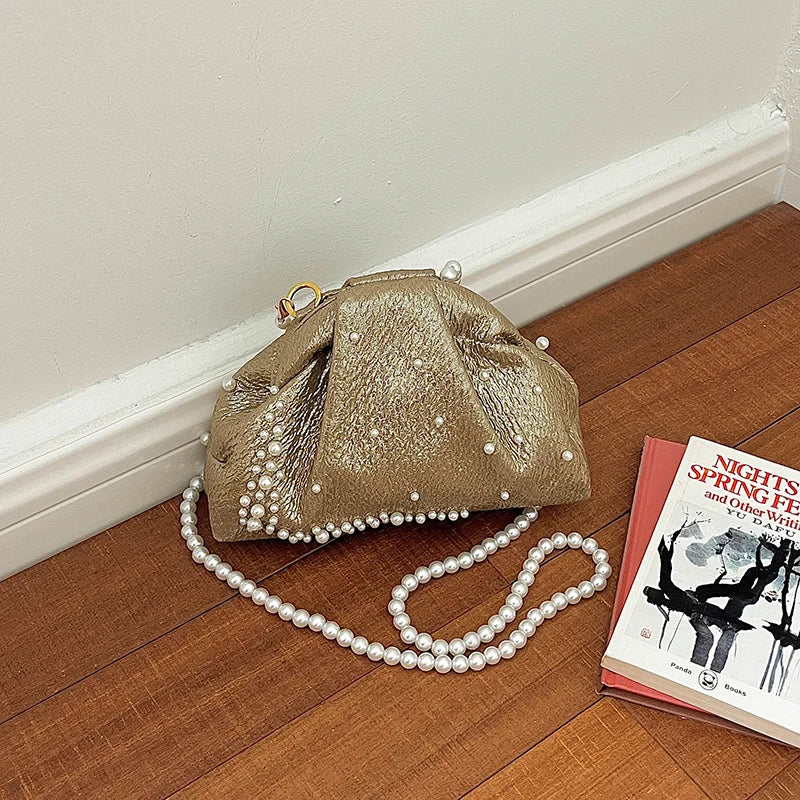 Pink Ruched Pearl Evening Bag