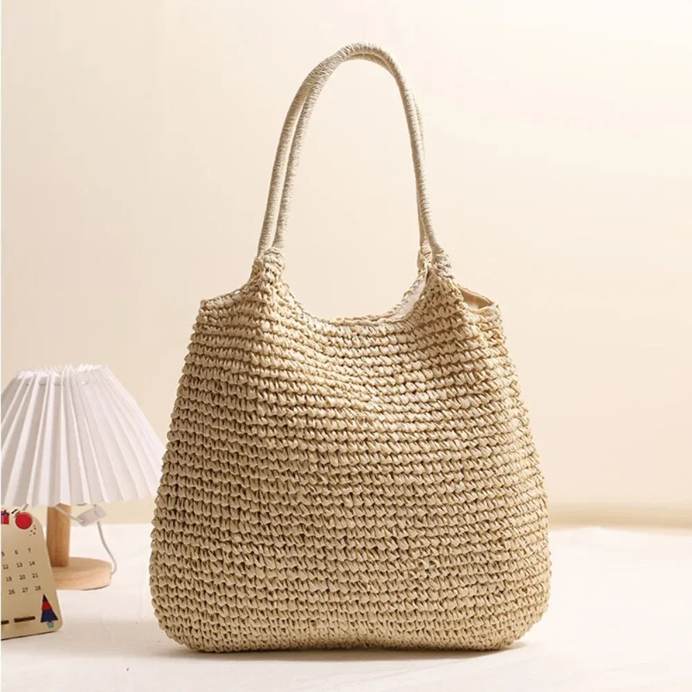 Summer Straw Tote Bag Large Capacity Woven Beach Bag Solid Color Square Casual Shoulder Bag