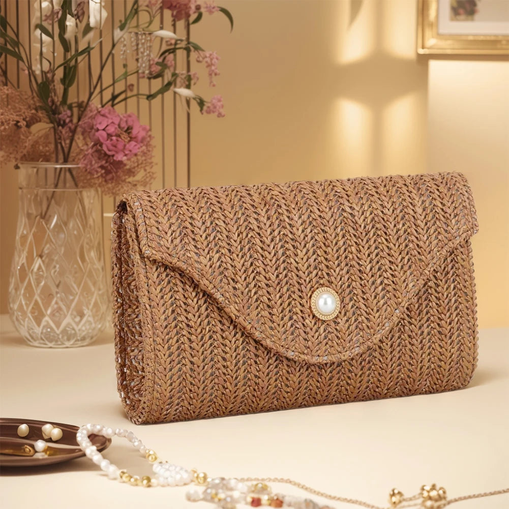 Pearl Straw Woven Envelope Bag