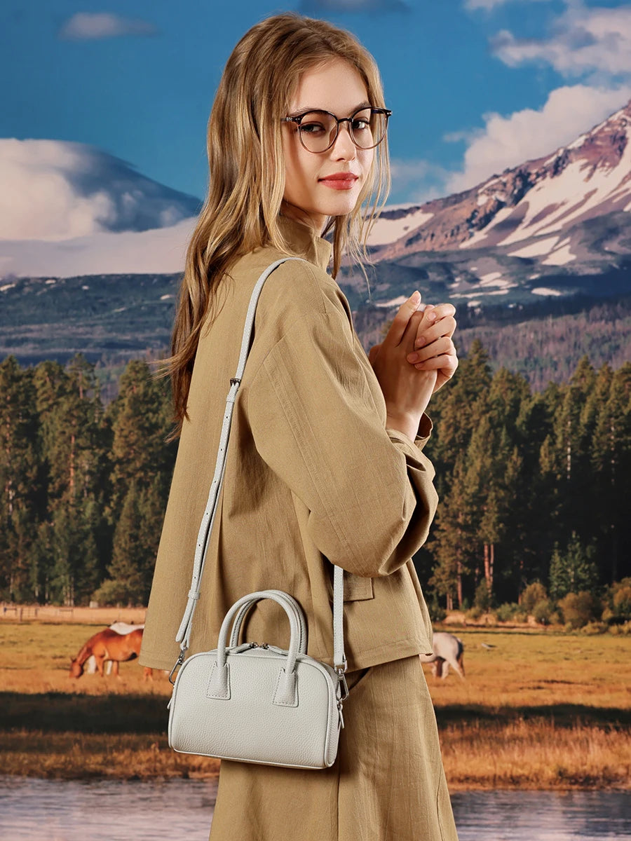 FLORALGenuine Full Grain Leather Bowling Bag, Elegant Handbag Casual Shoulder Crossbody Bag For Women