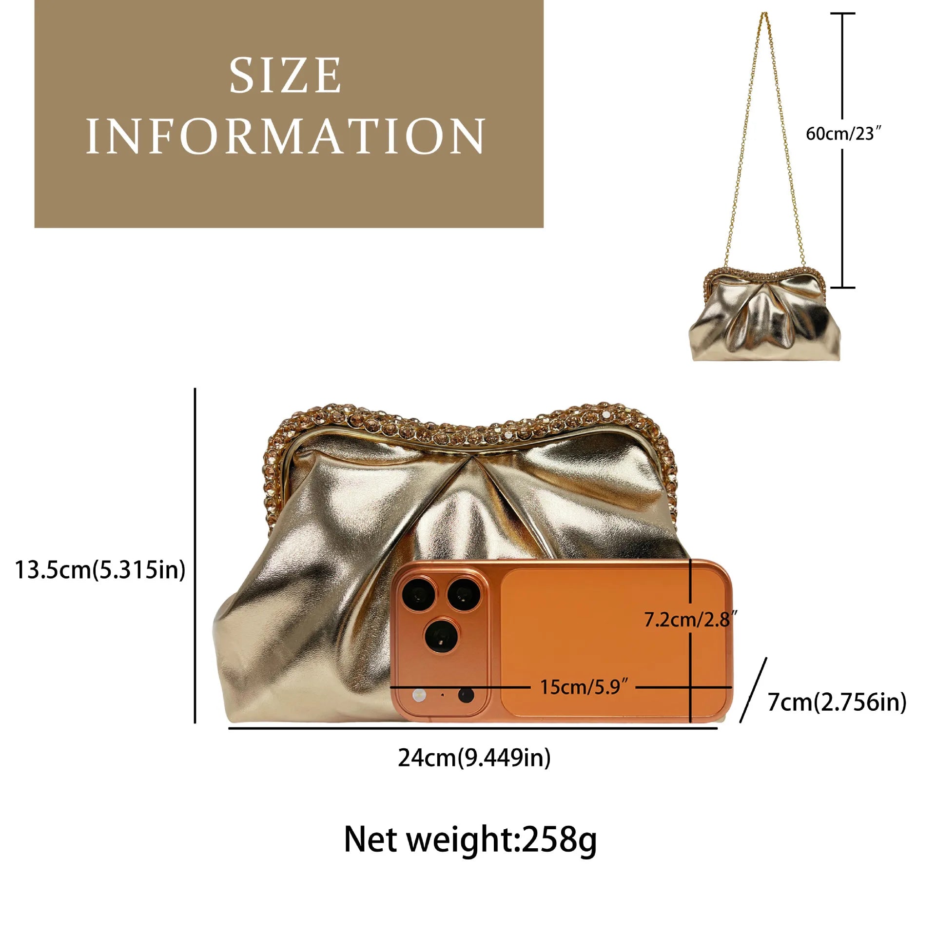 New Stylish Evening Bag for Women, PU Glossy Pleated Clutch, Simple Versatile Crossbody Bag, Rhinestone Decorated Handheld Purse