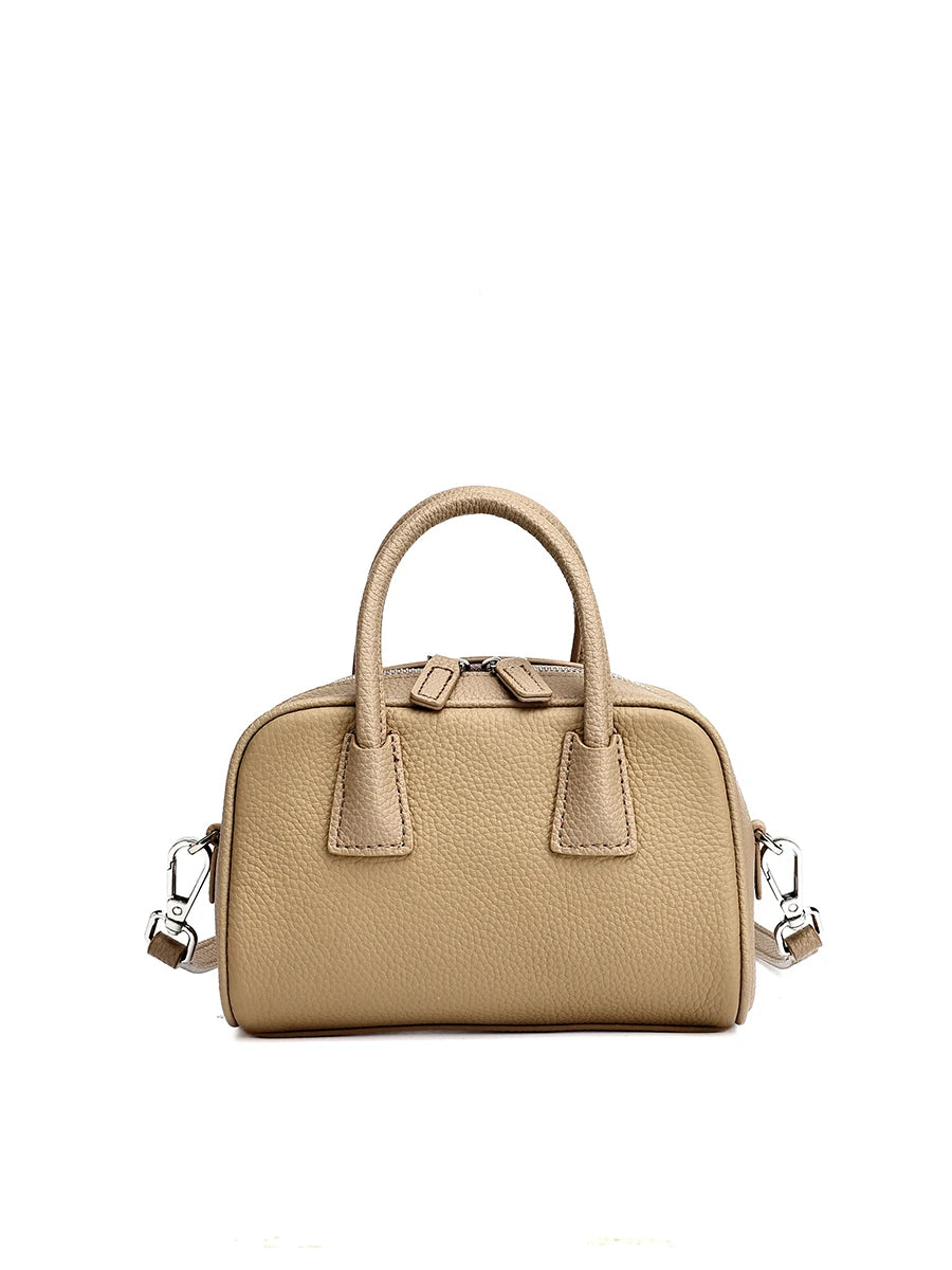 FLORALGenuine Full Grain Leather Bowling Bag, Elegant Handbag Casual Shoulder Crossbody Bag For Women