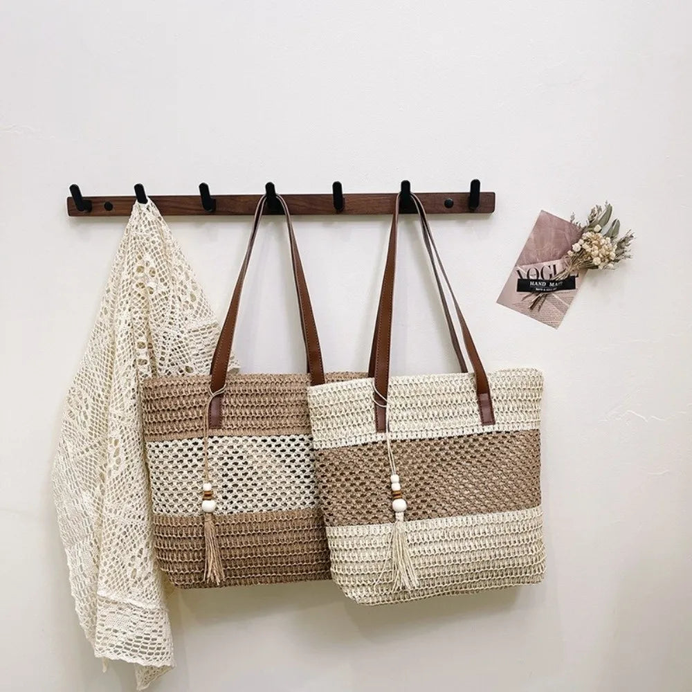 Summer Straw Tote Bag Large Capacity Woven Beach Bag Solid Color Square Casual Shoulder Bag