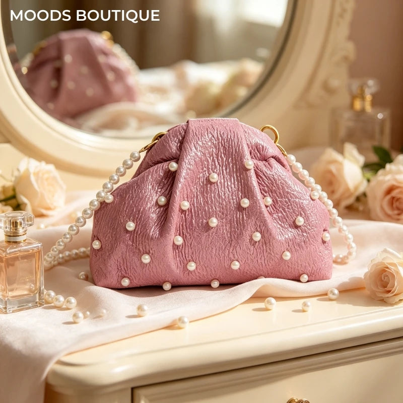 Pink Ruched Pearl Evening Bag