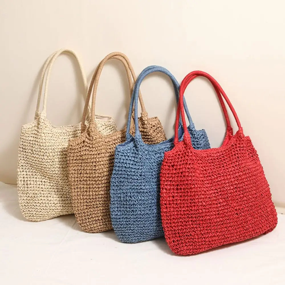 Summer Straw Tote Bag Large Capacity Woven Beach Bag Solid Color Square Casual Shoulder Bag