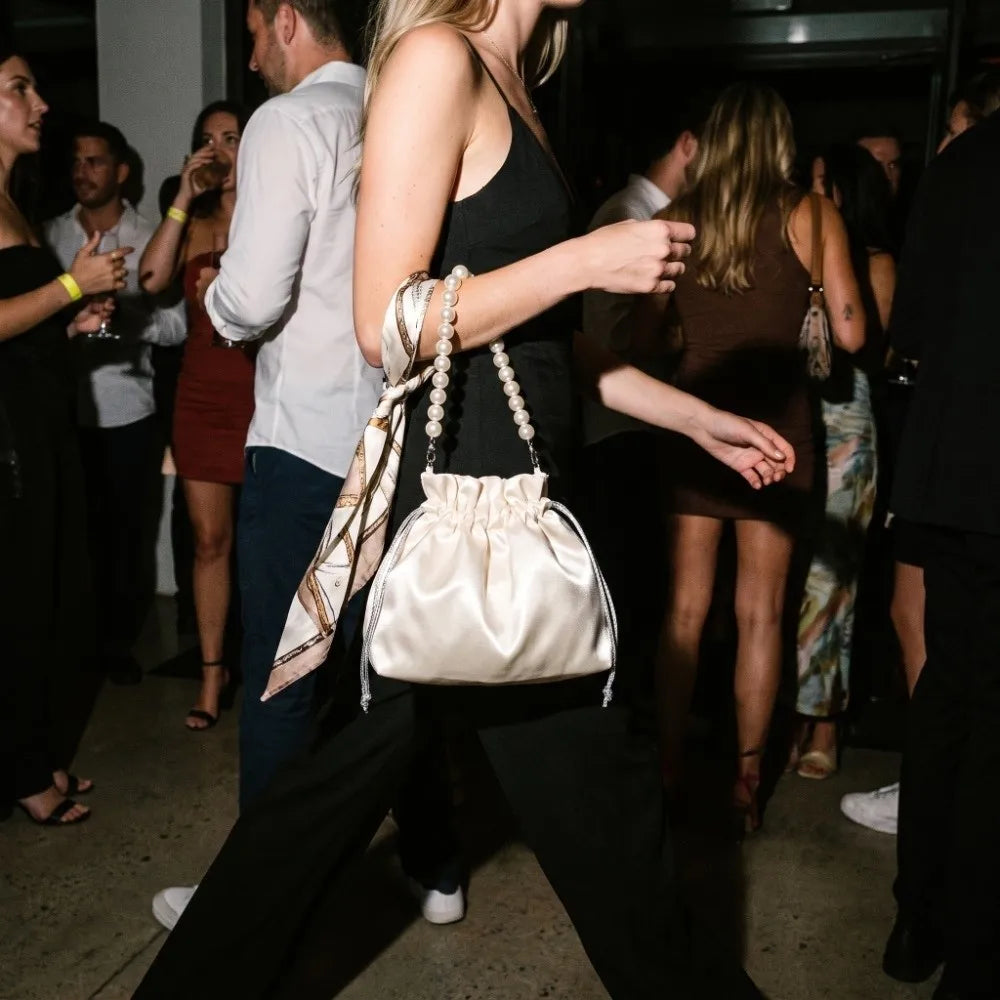 Elegant Satin Drawstring Evening Bag Drawstring Closure Detachable Chain Bucket Bag Lightweight Satin Texture Clutch Purse
