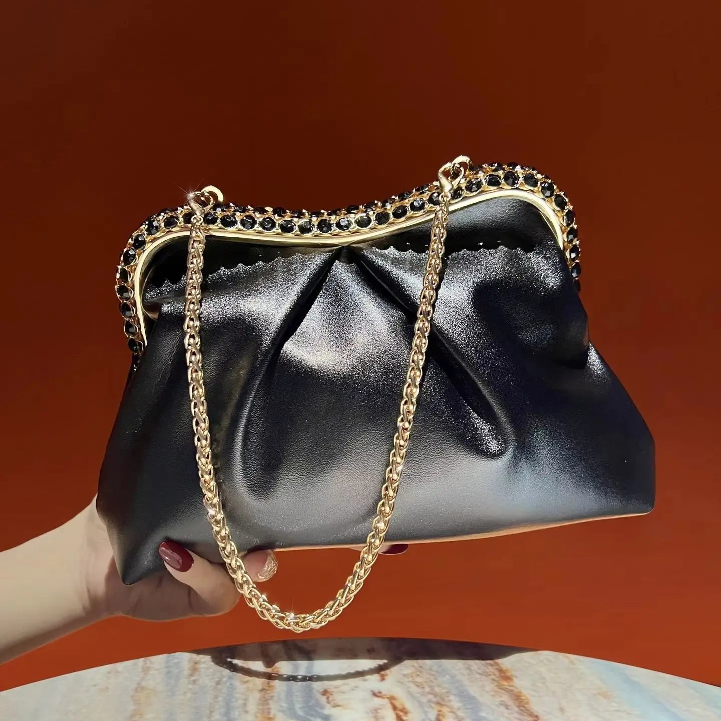 New Stylish Evening Bag for Women, PU Glossy Pleated Clutch, Simple Versatile Crossbody Bag, Rhinestone Decorated Handheld Purse