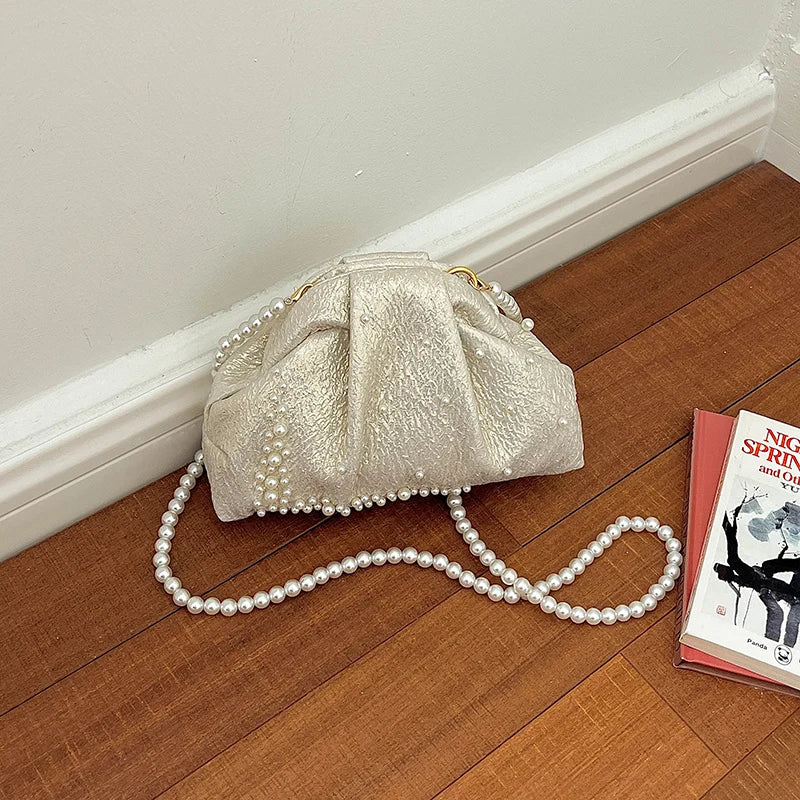 Pink Ruched Pearl Evening Bag