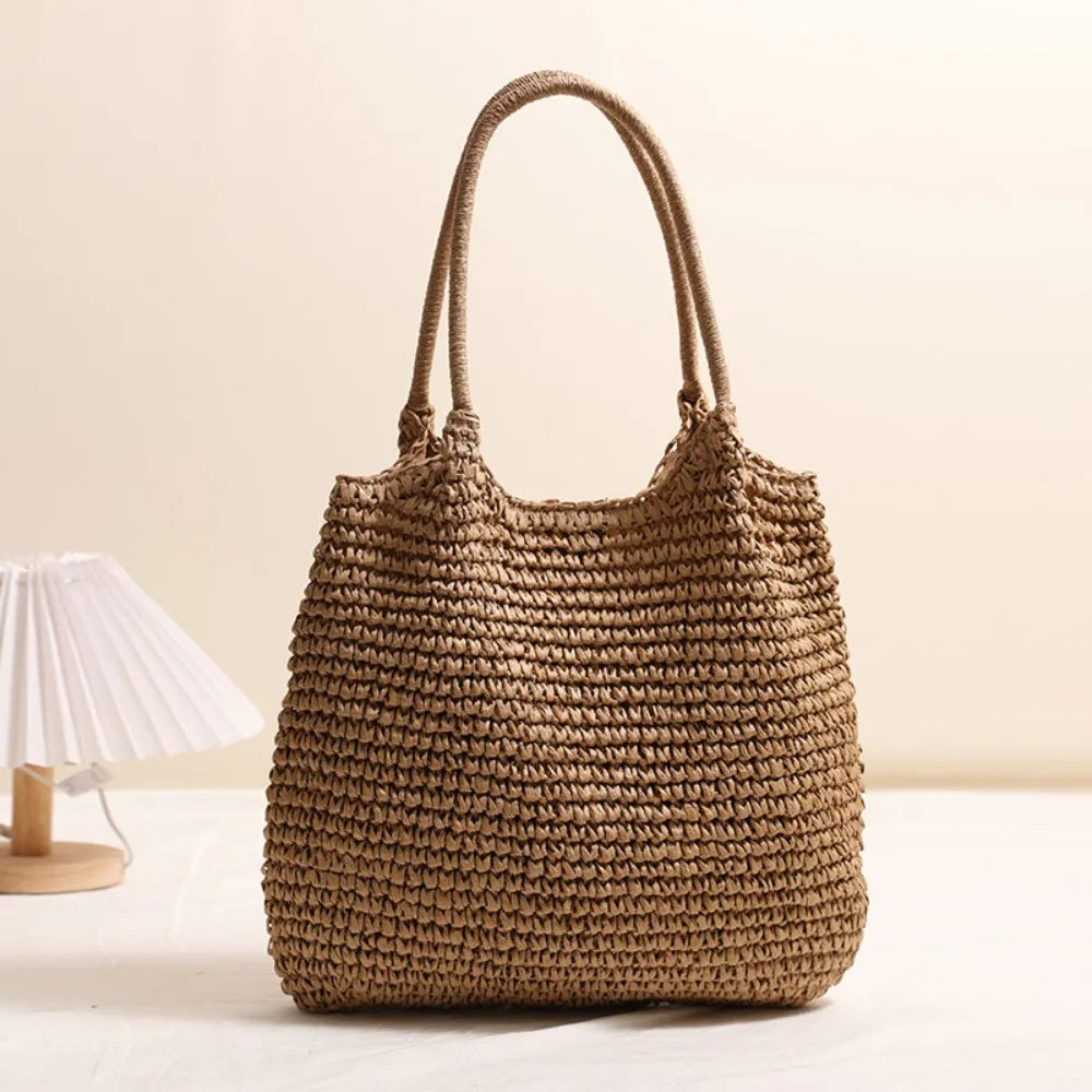 Summer Straw Tote Bag Large Capacity Woven Beach Bag Solid Color Square Casual Shoulder Bag