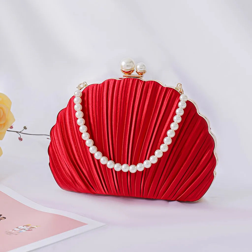 Women'S Evening Bag Ruched Ruched Evening Clutch Detachable Crossbody Bag Minimalist Urban Faux Pearl Handbag For Wedding Party