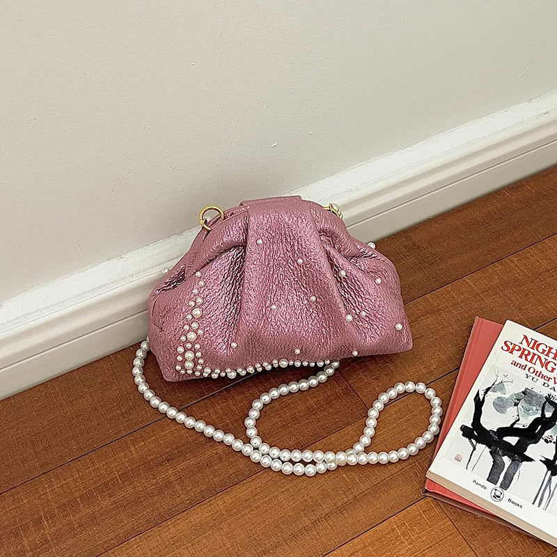 Pink Ruched Pearl Evening Bag