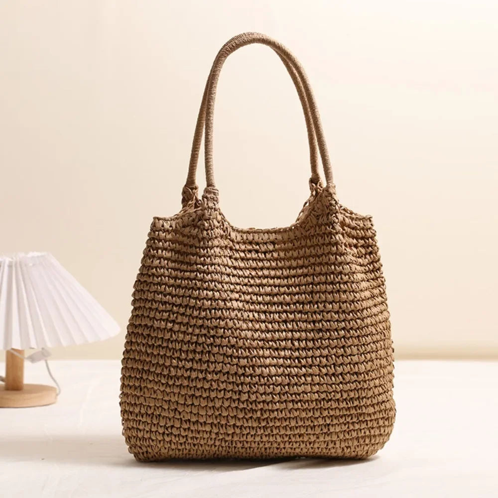 Summer Straw Tote Bag Large Capacity Woven Beach Bag Solid Color Square Casual Shoulder Bag