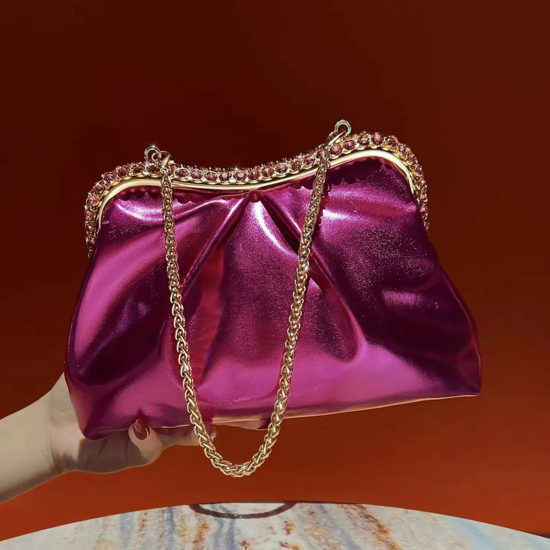 New Stylish Evening Bag for Women, PU Glossy Pleated Clutch, Simple Versatile Crossbody Bag, Rhinestone Decorated Handheld Purse