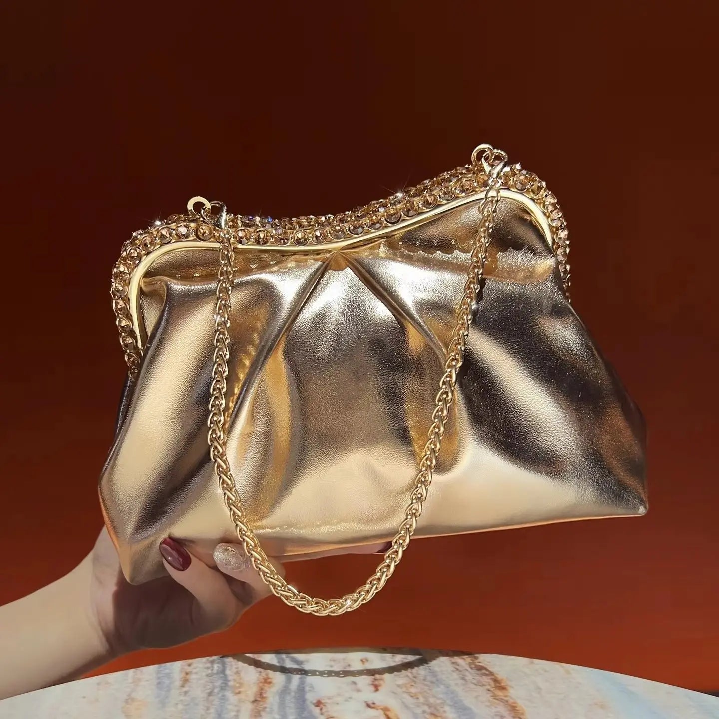 New Stylish Evening Bag for Women, PU Glossy Pleated Clutch, Simple Versatile Crossbody Bag, Rhinestone Decorated Handheld Purse