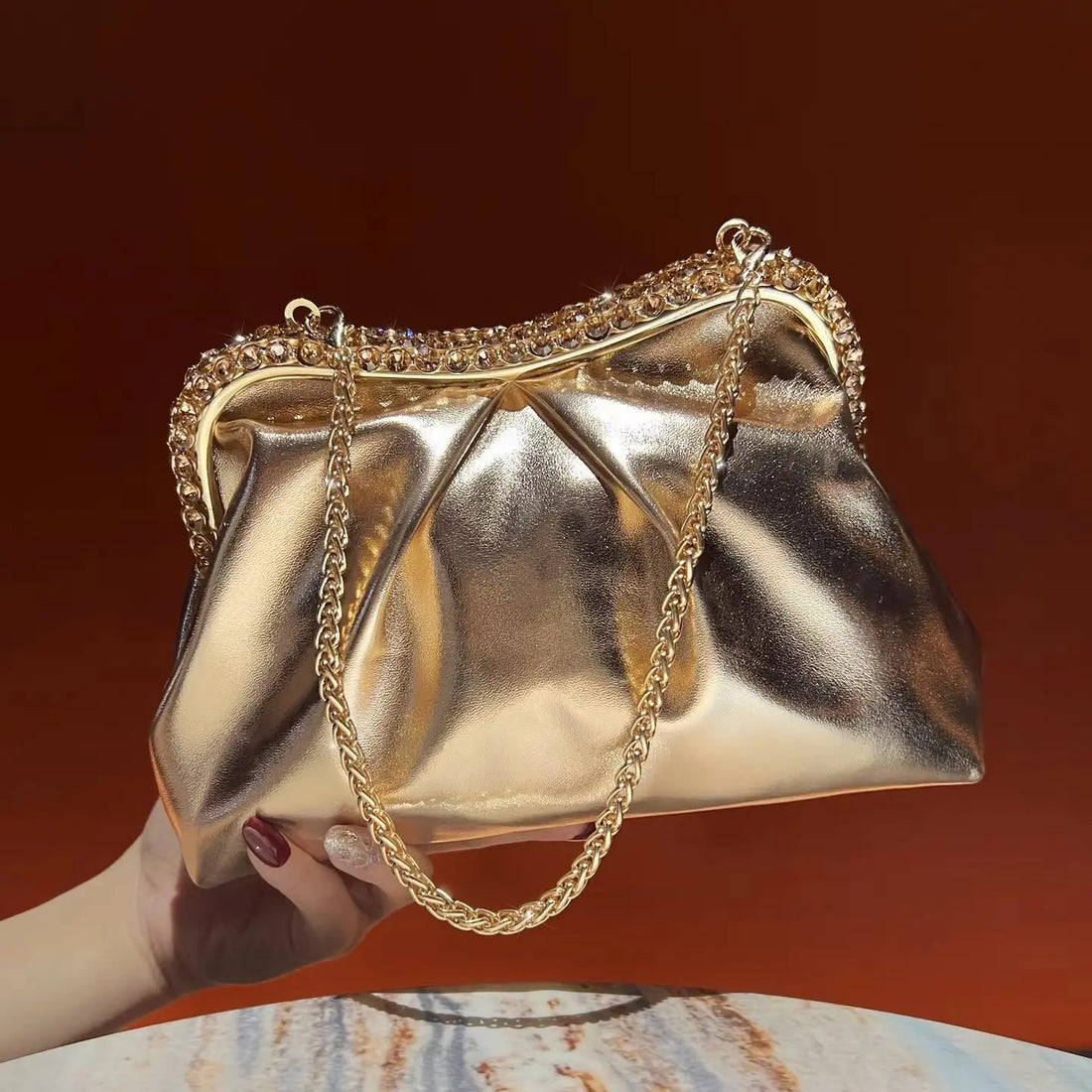 New Stylish Evening Bag for Women, PU Glossy Pleated Clutch, Simple Versatile Crossbody Bag, Rhinestone Decorated Handheld Purse