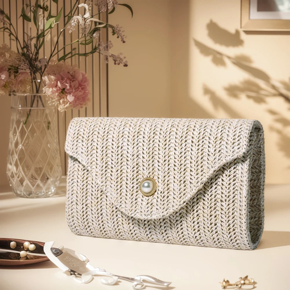 Pearl Straw Woven Envelope Bag
