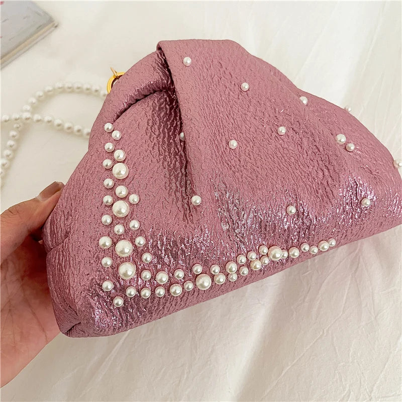 Pink Ruched Pearl Evening Bag