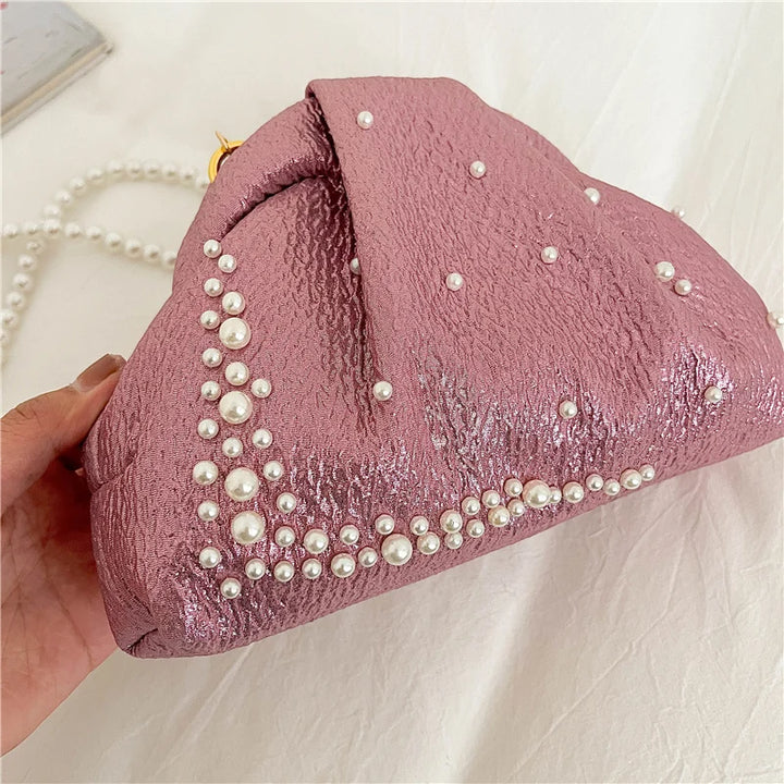 Pink Ruched Pearl Evening Bag