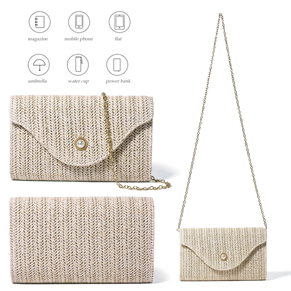 Pearl Straw Woven Envelope Bag