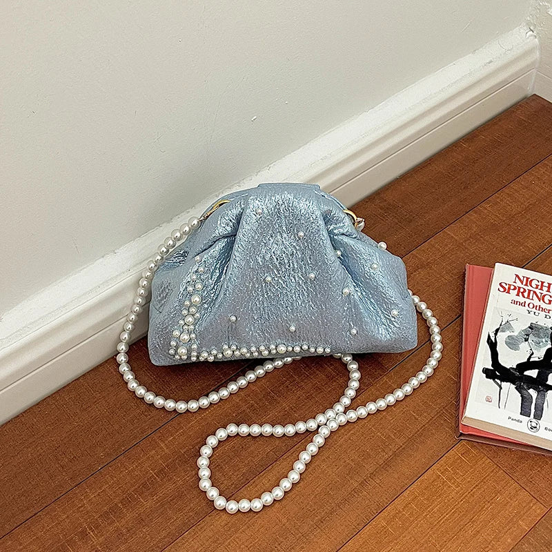 Pink Ruched Pearl Evening Bag